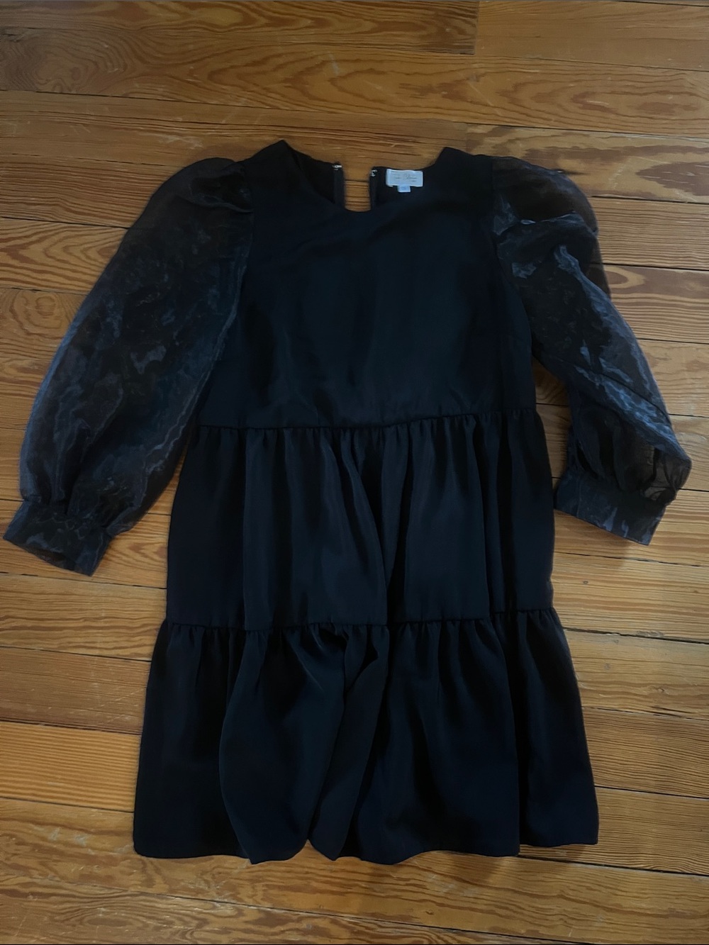 Women’s Black Tiered Dress with Sheer Puff Sleeves